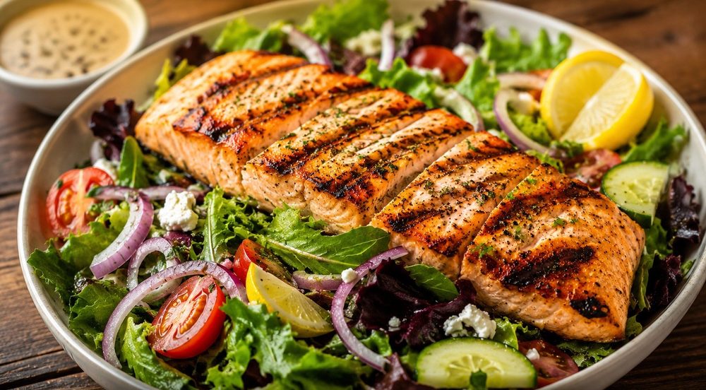 Flame-grilled salmon salad with feta, tomato, cucumber and citrus