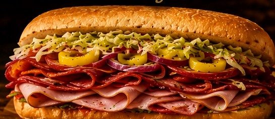 Classic Italian sub piled high with meats, cheese, and peppers