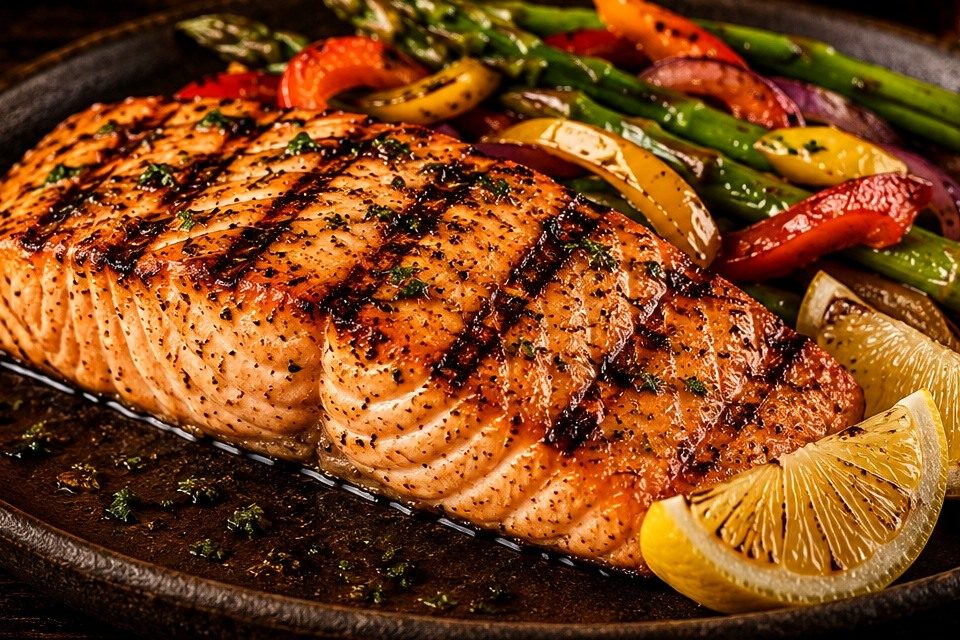 Grilled salmon fillet with charred asparagus and peppers