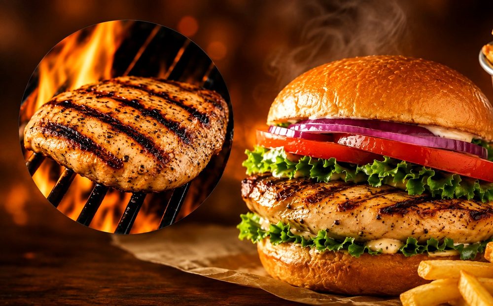 Grilled chicken breast sandwich with lettuce, tomato, and red onion
