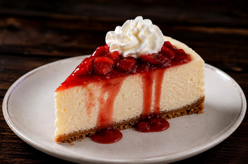 Slice of strawberry cheesecake with whipped cream