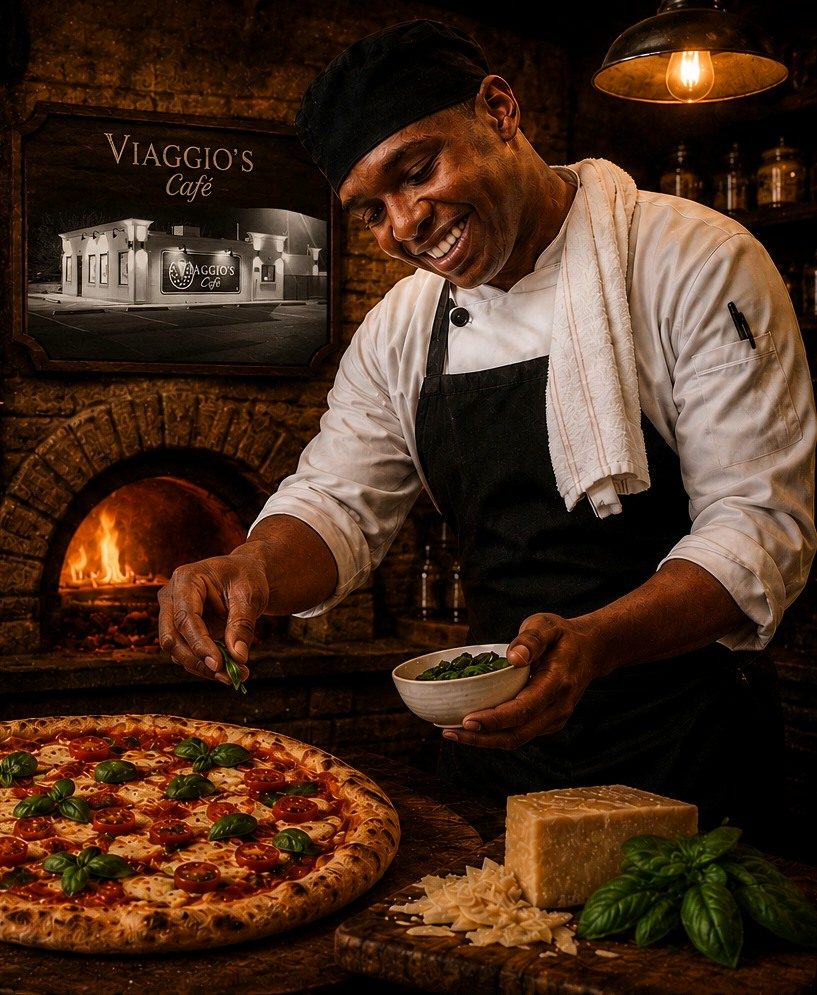 Chef hand-topping a margherita pizza in front of the oven