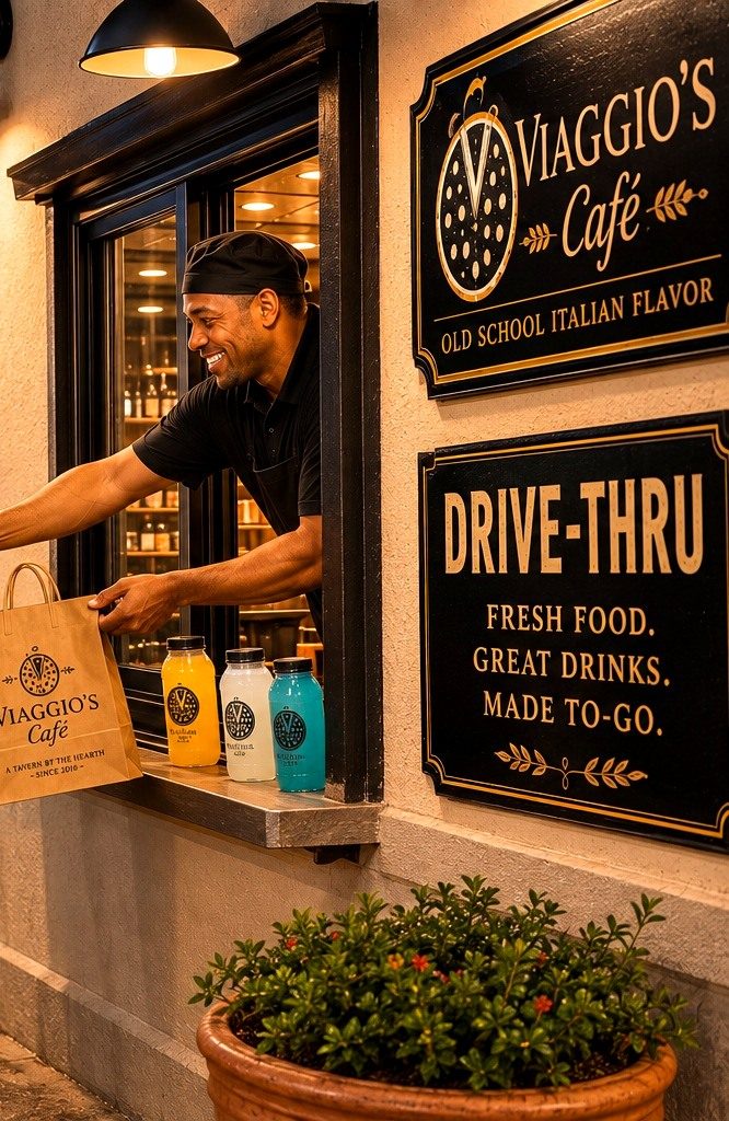 Friendly drive-thru handoff at the Viaggio's Café window, with fresh drinks lined up